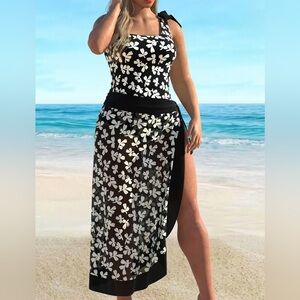 NEW Swimsuit and Sarong Set, floral black -#SW-SAR-0005